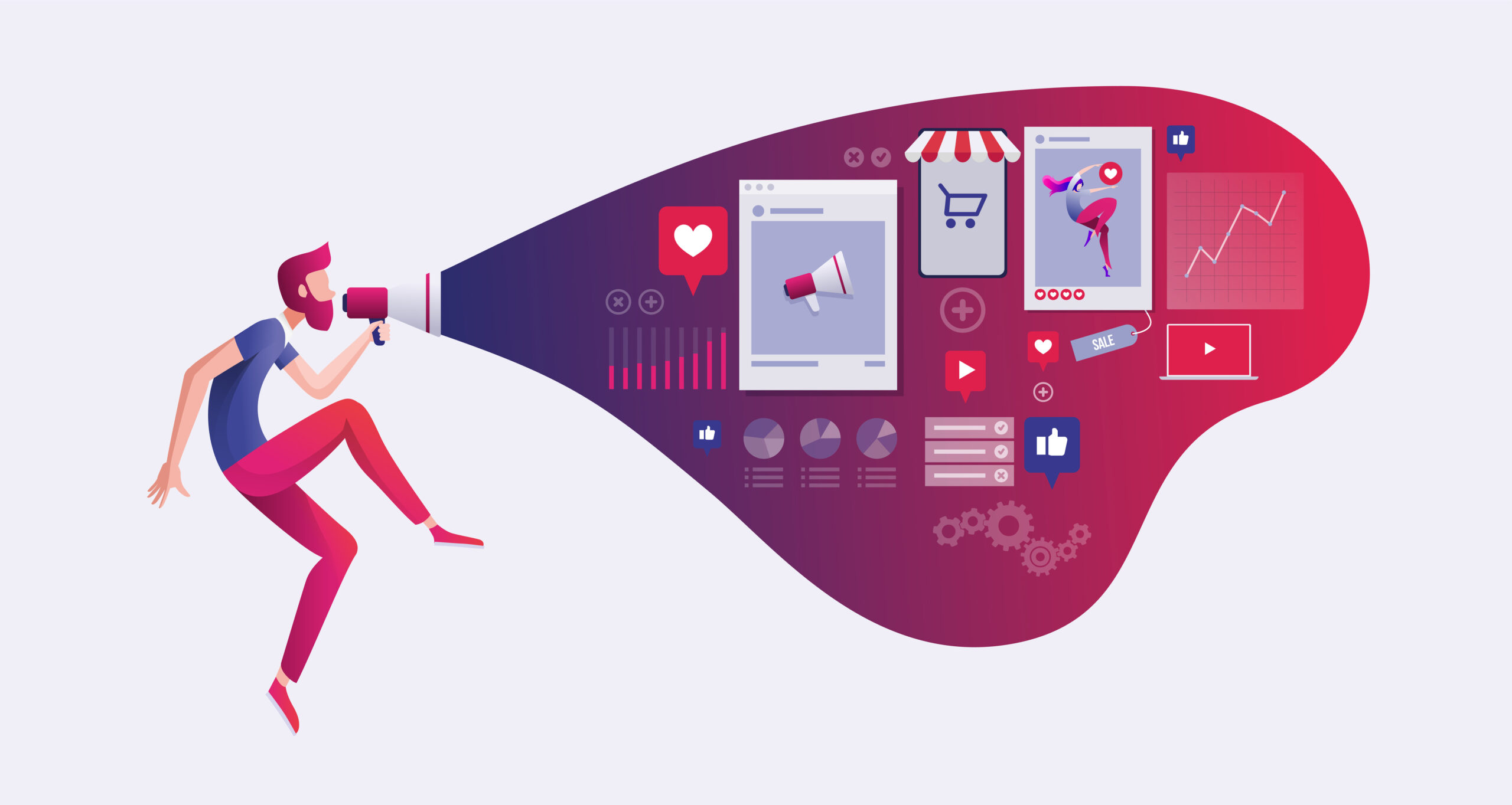 Illustration of a man speaking through a megaphone with digital marketing icons such as social media likes, shopping cart, charts, video, and online ads representing online promotion.